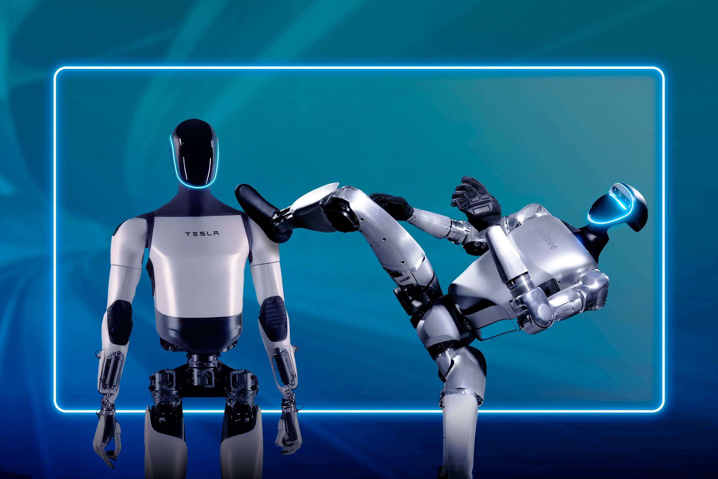 humanoid Tesli z ekranem Humanoid Tesli z ekranem na twarzy w warsztacie