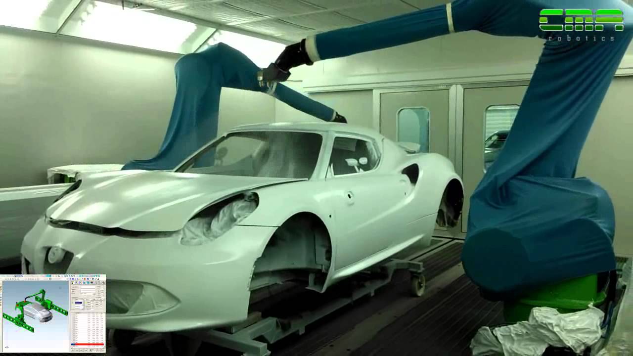 roboty malarskie pokrywają karoserię samochodu równomierną warstwą farby