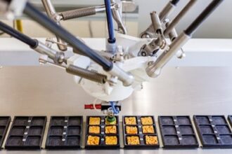 roboti pakują pudełka z produktami na taśmie produkcyjnej