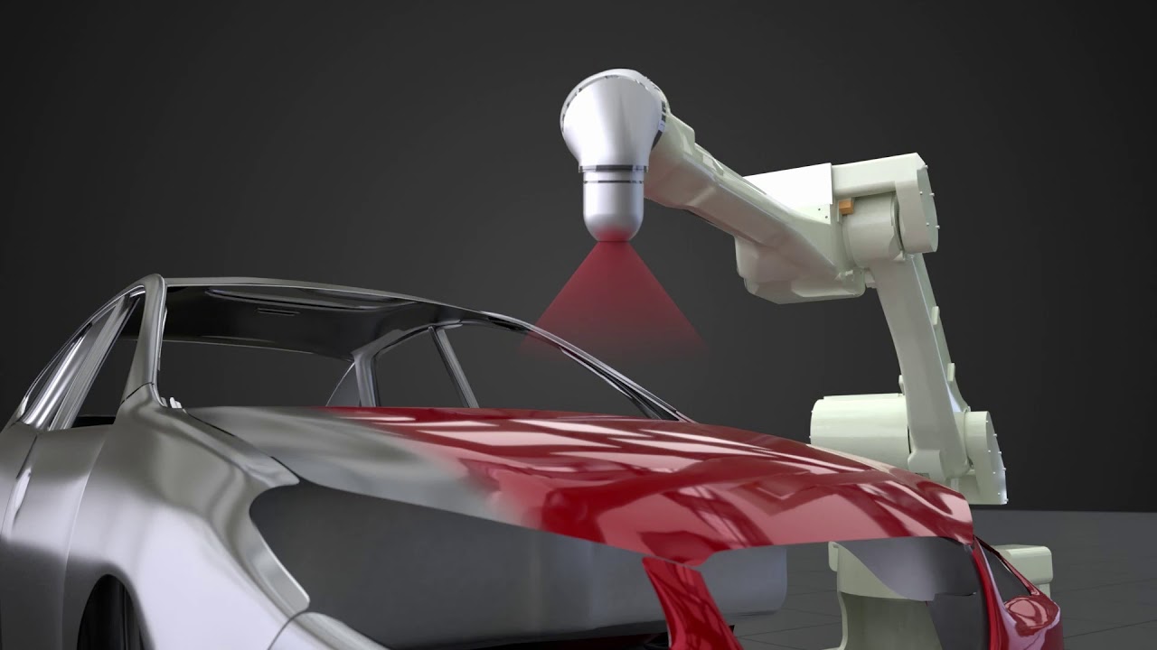 aplikacja podkładu przez zrobotyzowany system malarski robot nanosi pierwszą warstwę podkładu na karoserię